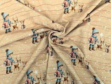 Eigenproduktion Baumwolljersey Winter Kind mit Rehkitzen auf Braunbeige